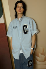 Navy C Patch Light Blue Denim short-sleeved Shirt [Unisex]