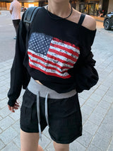 Western American Flag One-Off Shoulder Sweatshirt (6c)