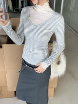 マインドVネックストライプ長袖スパンTシャツ