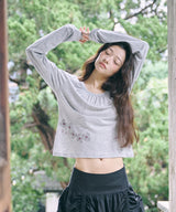 FLOWER SHIRRING SLIM LONG SLEEVE - MELANGE GRAY