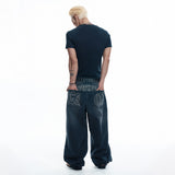 Lettering Wide Denim Pants - BLACK