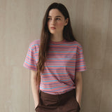 マルチストライプショートスリーブTシャツ_ピンク
