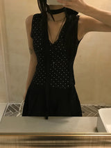 French Dot V-Neck Sleeveless Blouse