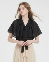 Leonie V-Neck Cape Tie Button Blouse Black