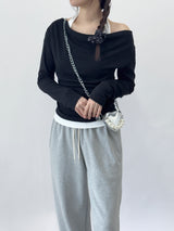 Getz Halterneck Shirred Drape Contrast Long Sleeve T-shirt