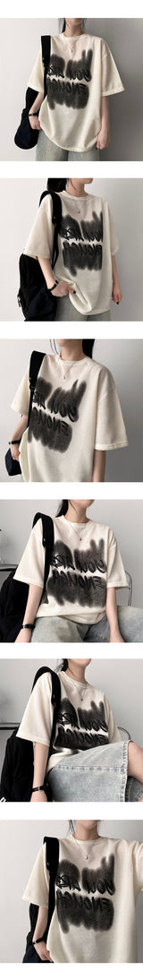 Surf lettering knit short-sleeved T-shirt