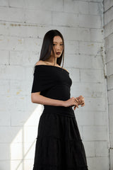 ドレープ オフショルダー Tシャツ-ブラック