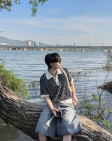 Windy Buckle Stripe Collar Short Sleeve Knit