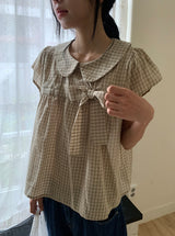 Meva Check Ribbon Short Sleeve Blouse