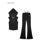 LUNA HOODED CROP 2WAY ZIP UP SLEEVELESS BLACK