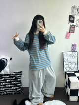 STRIPE OVER BOXY BOYFRIEND LONG SLEEVE T SHIRT ❤💚🩵🧸4COLOR