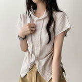 Shirin ストライプサイドストリング半袖フード付きブラウスカーディガン
