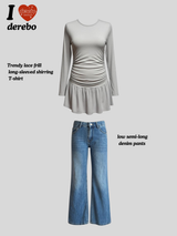 Trendy lace frill long-sleeved shirring T-shirt