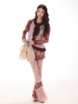 [Rose Island] Shiny Floral Halter Ruffle Edge V-Neck Retro Sweet Waist-Cinching Off-Shoulder Top