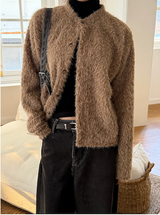 Hairy crop round knit cardigan(3color)