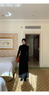 Half Turtleneck Black Flared Long Dress