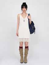 FRINGE-HEM KNIT V-NECK DRESS IN WHITE