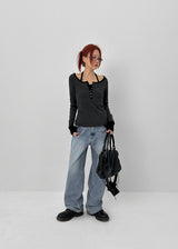 [MADE] Hiko Layered Stripe Halter Henley Neck Long Sleeve T-shirt