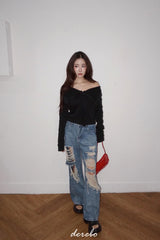 Black Off-Shoulder Cover Long Sleeve T-Shirt