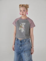 Short cotton printed T-shirt with retro patchwork color and raglan sleeves