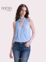 Blue Dot Scarf Sleeveless Blouse