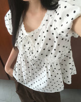 Newon Dot Lace Ribbon Short Sleeve Blouse