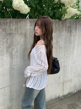 PT ダイアゴナルネットワンショルダーリップメッシュロングニット