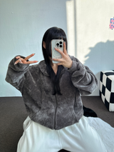RIBBON PATTERN VELVET HOOD ZIP-UP💚💙🖤 - 3 COLORS