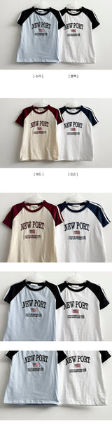 Raffin embroidered 2本ラインカラーラグラン半袖Tシャツ