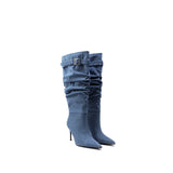 Colorful Bridge | Water Washed Denim Long Pile Boots, Fashion High Heeled Women's Denim Boots