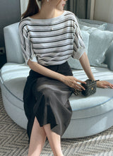 Say Boat-Neck Roll-Up Stripe Knit