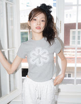 DELAY OFF レースクロップTシャツ (メランジグレー)