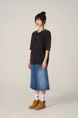 ケーブルウォッシング半袖ニット - Navy