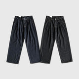 LMN ステッチツータックグリーンペーパーワイドデニムパンツ (2 colors)