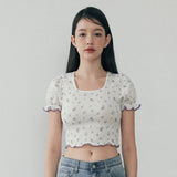 Frill Crop T-shirt - FLOWER PATTERN