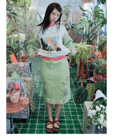 UnsocialNight original design autumn and winter light green cute イラストプリントハーフスカート female