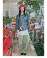 UnsocialNight original literary wool contrast colour フラワーアレンジメントプリントツイードジャケット detachableレースコート