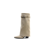 Colorful Bridge | Designer Belt Buckle Long Boots with Pants Tube Design, Women's High Boots with Small Square Toe and Chunky Heels