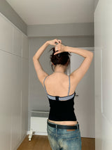 Checkered Layered Shirring Black Sleeveless T-shirt