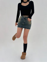 [BELT & INNER SHORTS] AUTUMN DENIM BROWN KHAKI DENIM SKIRT – SK