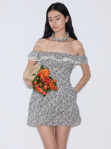 rirri 2025 Spring-Summer New Arrival Textured 100% Cotton Floral Dress - Adjustable Off-Shoulder Neckline & Waist Tie Detail