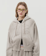VINTAGE WASHING STUD POINT CROP HOODIE ZIP UP [OAT MEAL]