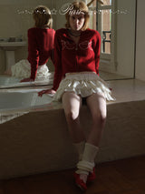 rirri 100% Merino Wool Jacquard Cropped Zipper Cardigan in Brightening Scarlet