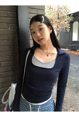 スクエアネイビーレイヤード長袖Tシャツ