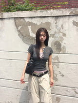 26SS★ [MADE] Momin Stripe Color Matching Button Layered Slim Short Sleeve T-Shirt