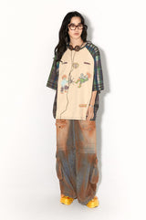 Breathable short-sleeved T-shirt with milk silk checkered patchwork design