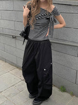 Scon Stripe Plain One-Shoulder Ribbon Short Sleeve T-Shirt