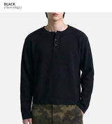 ワッフルクロップヘンリーネックTシャツ ブラック