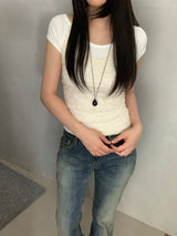 [set] Vaila Lace Halter-Neck Short-Sleeve Tee Set