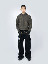 Curved Hood Leather Jacket (Khaki Black)